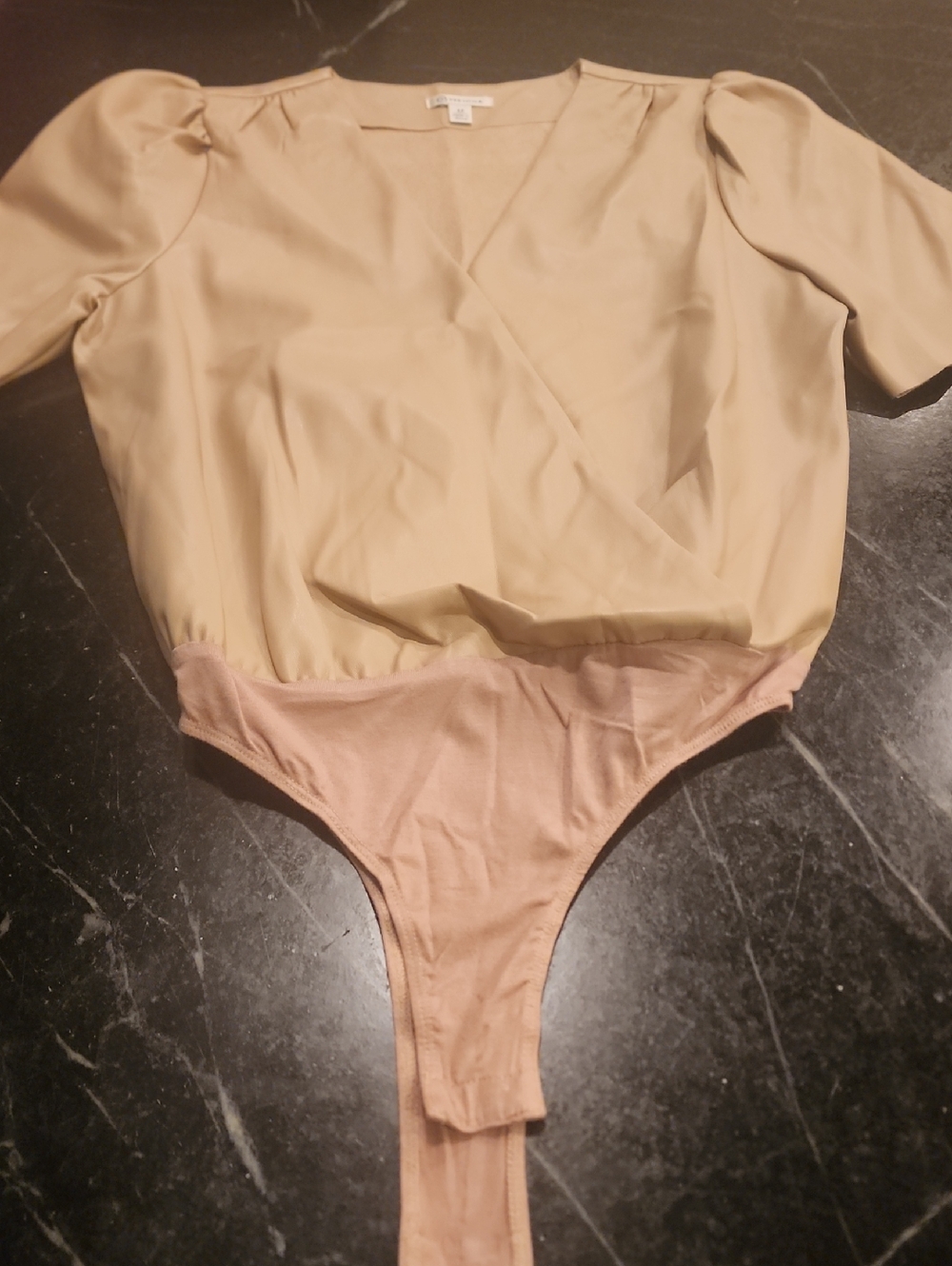 Versona Light Tan Faux Leather Short Sleeve Vneck One Piece Body Suit Sz Med